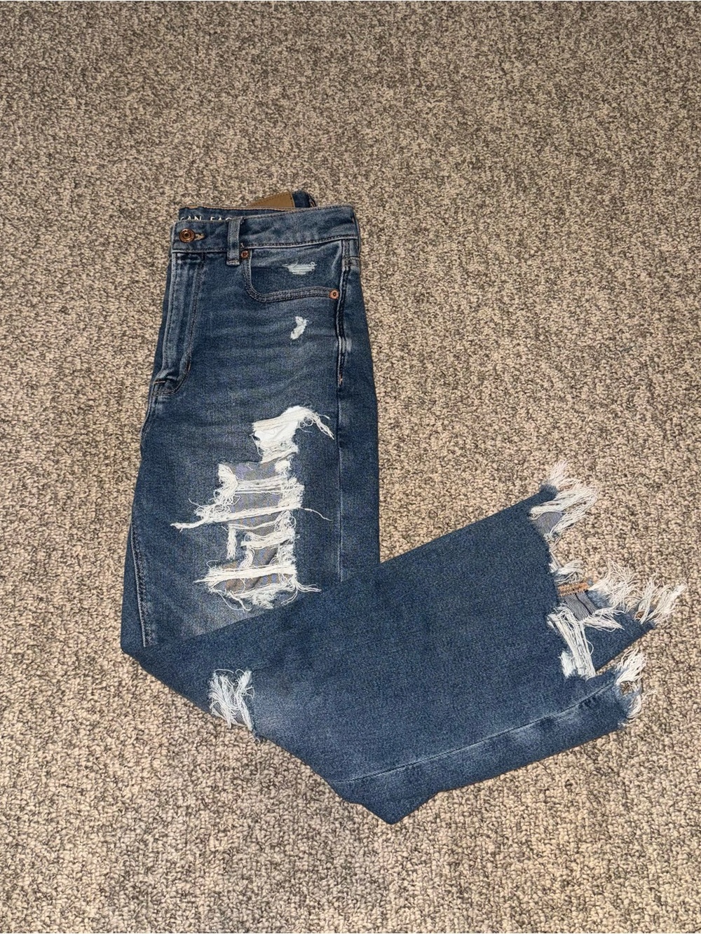 American Eagle Outfitters Dark Blue Distressed Straight Leg Jeans